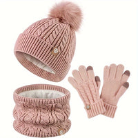 3-teiliges Winterset für Damen mit Mütze, Schal und Handschuhen in Rosa
