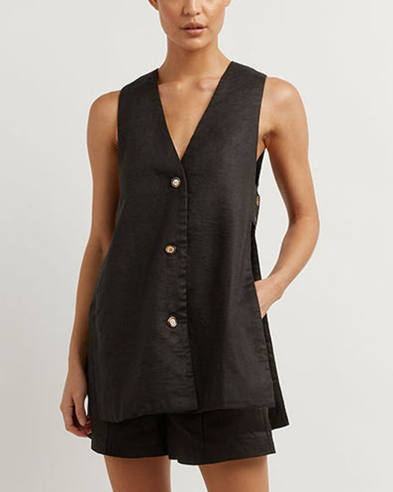Jecc | Ärmelloses V-Ausschnitt-Westenblazer mit Knöpfen und High-Waist-Shorts Set