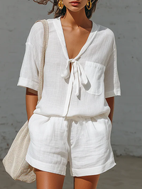 Aisla | Damen Zweiteiler Kurzarm Lässig Komfort Casual Modern Freizeit in Weiß