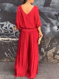 Saila | Damen Maxikleid V-Ausschnitt Fledermausärmel Unifarbe in Rot