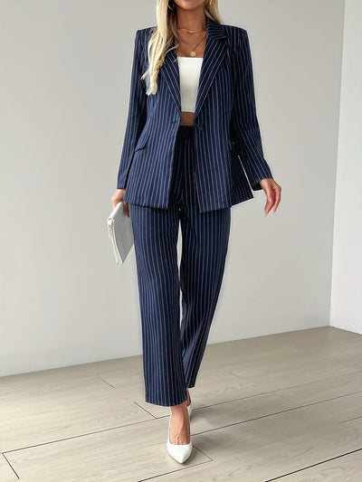 Elegantes Business Gestreiftes Hosenanzug Set in Blau für Damen | Ideal für das tägliche Tragen