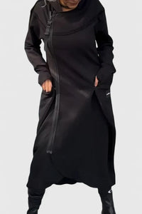 Jessamine | Seitlicher Reißverschluss Kapuzen-Cardigan in Schwarz