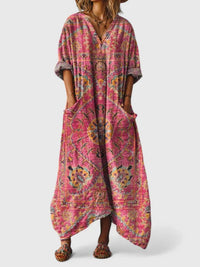 Calypso | Damen Paisley Boho Maxikleid mit V-Ausschnitt in Dunkelrosa