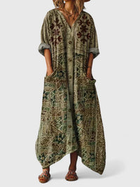 Calypso | Damen Paisley Boho Maxikleid mit V-Ausschnitt in Olivgrün