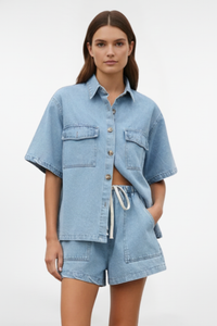 Camellia | Damen High Waist Zweiteiliges Set Bluse Shorts in HellBlau