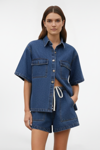 Camellia | Damen High Waist Zweiteiliges Set Bluse Shorts in Blau