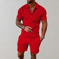 Caspian | Herren Texturiert Polo Shorts Set in Rot