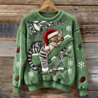 Elisabetta – Plüschpullover Mit Fauler Katze in Grün