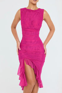 Zoey | Damen Midi Rüschenkleid Romantic Feminin Festlich Fließend in Rosa