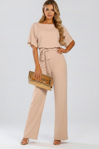 Cordula | Damen Rundhals Jumpsuit mit weiten Beinen in Beige