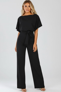 Cordula | Damen Rundhals Jumpsuit mit weiten Beinen in Schwarz