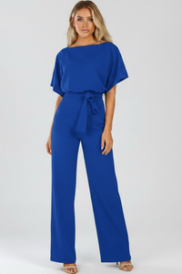 Cordula | Damen Rundhals Jumpsuit mit weiten Beinen in Blau