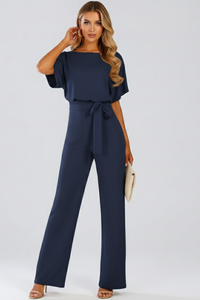 Cordula | Damen Rundhals Jumpsuit mit weiten Beinen in Marine Blau