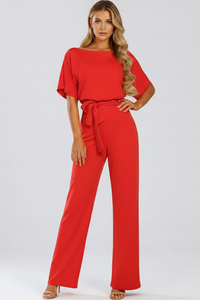 Cordula | Damen Rundhals Jumpsuit mit weiten Beinen in Rot