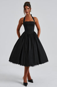 Estelle | Damen Midikleid Verspielt Elegant Feminin Modern Festlich in Schwarz