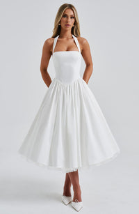 Estelle | Damen Midikleid Verspielt Elegant Feminin Modern Festlich in Weiß