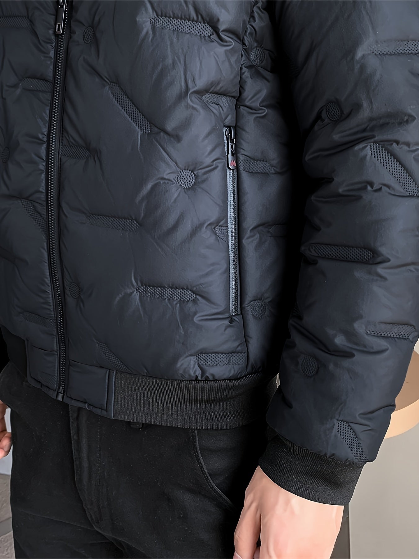 Lässige schwarze Baumwoll-Steppjacke mit Stehkragen und Reissverschluss für Herren | Ideal für den Winter