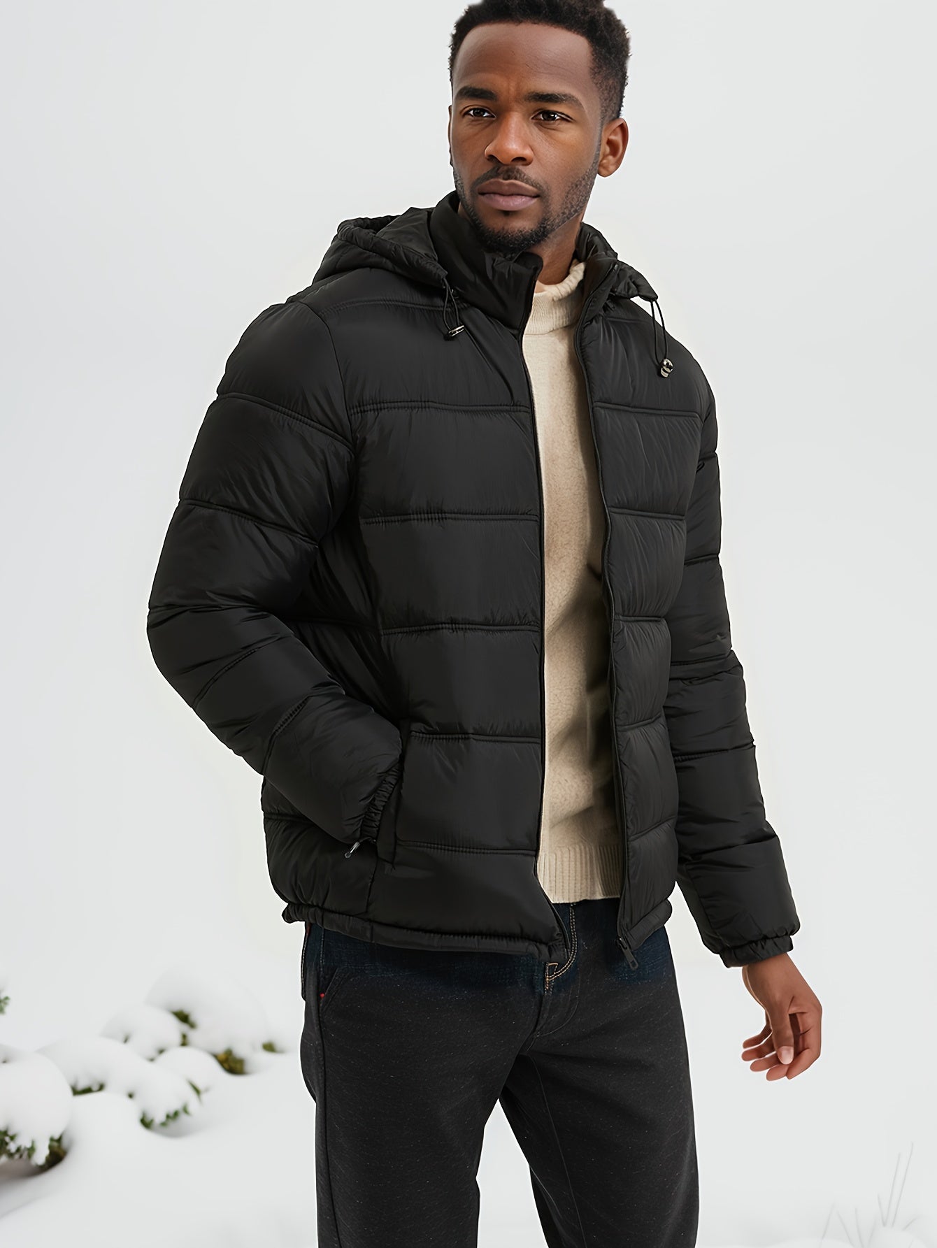 Lässige Schlichte Einfarbige Pufferjacke mit Kapuze und Reissverschluss für Herren | Ideal für den Winter