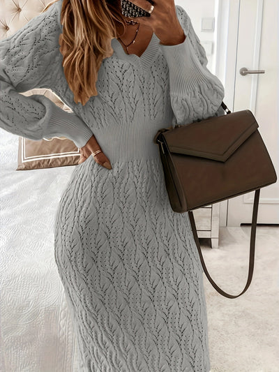 Lässiges einfarbiges Strickkleid mit V-Ausschnitt, langen Ärmeln und Midi-Länge für Damen | Ideal für den Sommer