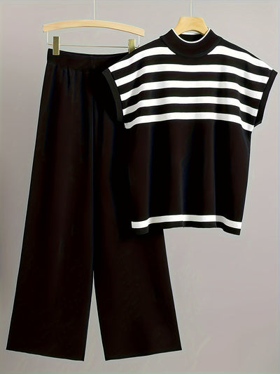 Lässiger Retro-Hosenanzug mit gestreiftem Muster, Stehkragen und Outfit-Set für Damen | Ideal für das tägliche Tragen
