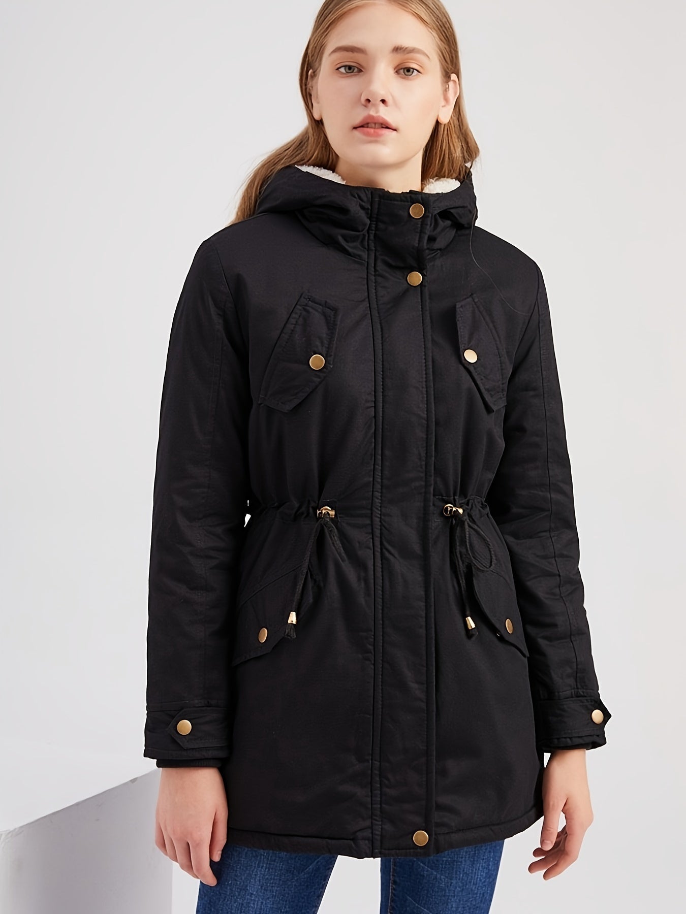 Lässige Halb-Lange Warme Fleece Schwarze Winterjacke mit Reißverschluss für Damen | Ideal für den Winter