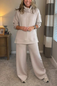 Aivra | Damen Turtleneck Langarm Weitbeiniger Zweiteiler mit Taschen in Beige