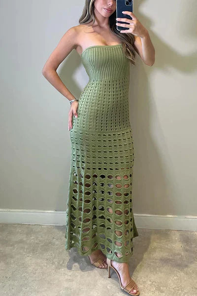 Renisa | Rustikales schulterfreies Patchwork-Maxikleid mit Ausschnitten