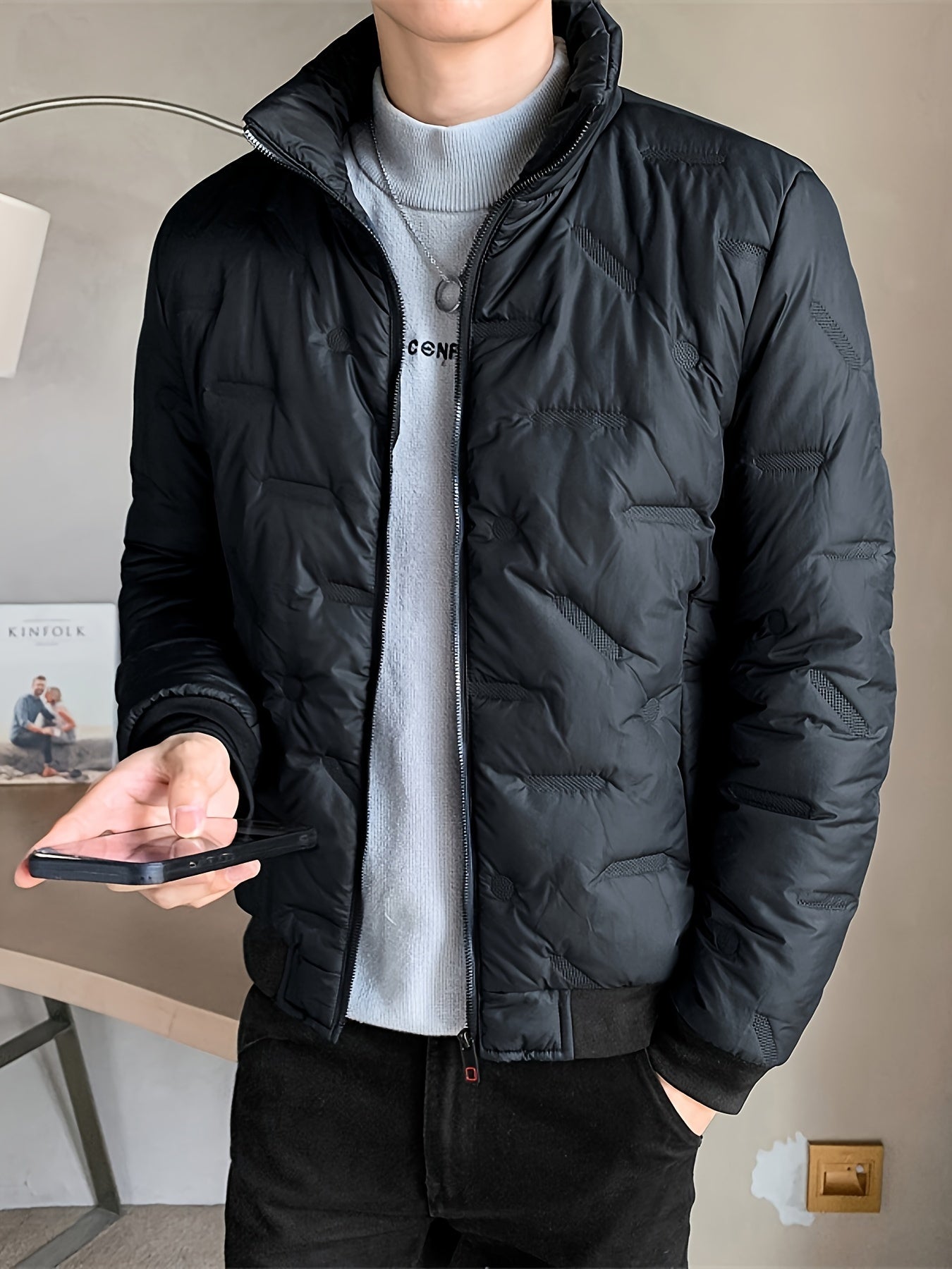 Einfarbige Zip-Up Stehkragen Pufferjacke für Herren | Ideal für den Winter