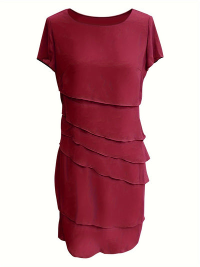 Stilvolles Kleid mit Schichtverzierungen, Rundhalsausschnitt und kurzen Ärmeln für Damen | Ideal für den Sommer