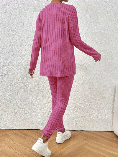 Damen Freizeit-Langarm-Rundhals-Oberteil und High-Waist-Skinny-Hosen-Set | Ideal für Active Wear