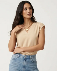 Sophie | Damen Blusentop V-Ausschnitt Kurzarm Unifarben Elegant Basic in Beige