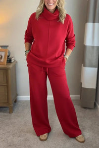Aivra | Damen Turtleneck Langarm Weitbeiniger Zweiteiler mit Taschen in Rot