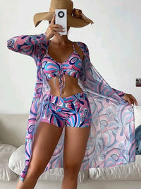 Catherine – 3-teiliges Bikini-Set mit Langarm-Cardigan für den Sommerstrand in Lila