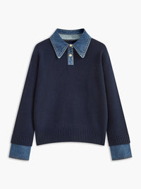 Amelie | Damen 2-in-1 Strick-Sweater mit Denim-Kragen und Metallknöpfen in Marine