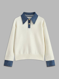 Amelie | Damen 2-in-1 Strick-Sweater mit Denim-Kragen und Metallknöpfen in Weiß