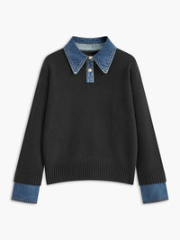 Amelie | Damen 2-in-1 Strick-Sweater mit Denim-Kragen und Metallknöpfen in Schwarz