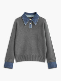 Amelie | Damen 2-in-1 Strick-Sweater mit Denim-Kragen und Metallknöpfen in Hellgrau