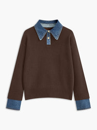 Amelie | Damen 2-in-1 Strick-Sweater mit Denim-Kragen und Metallknöpfen in Braun