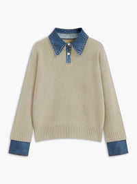 Amelie | Damen 2-in-1 Strick-Sweater mit Denim-Kragen und Metallknöpfen in Aprikose