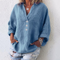 Elfriede | Damen Baumwoll-Leinen Oversized V-Ausschnitt Pullover Bluse in Blau