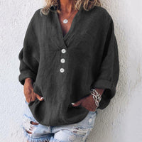 Elfriede | Damen Baumwoll-Leinen Oversized V-Ausschnitt Pullover Bluse in Schwarz