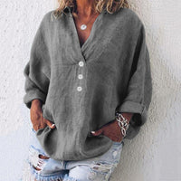 Elfriede | Damen Baumwoll-Leinen Oversized V-Ausschnitt Pullover Bluse in Grau