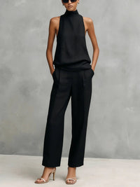 Clara | Damen Baumwoll-Leinen Ärmellose High-Neck Top Hose Set in Schwarz