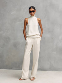 Clara | Damen Baumwoll-Leinen Ärmellose High-Neck Top Hose Set in Weiß
