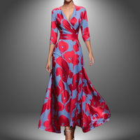 Katharina | Damen Bedrucktes 3/4-Arm Long Sleeve Dress Wickelkleid Figurbetont in Rot