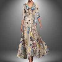 Katharina | Damen Bedrucktes 3/4-Arm Long Sleeve Dress Wickelkleid Figurbetont in Champagner