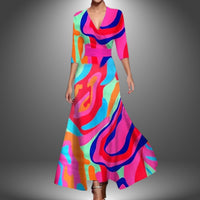 Katharina | Damen Bedrucktes 3/4-Arm Long Sleeve Dress Wickelkleid Figurbetont in Mehrfarbig
