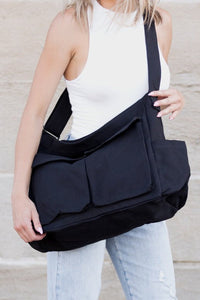 Elfriede | Damen Übergroße Canvas Tote Bag Messenger Schultertasche in Schwarz