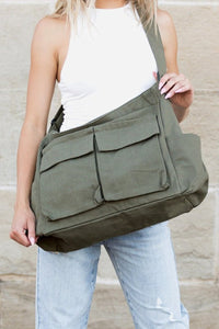 Elfriede | Damen Übergroße Canvas Tote Bag Messenger Schultertasche in Olive