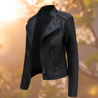 Elisabeth | Damen Bikerjacke Kunstleder Reißverschluss Schulterdetail in Schwarz